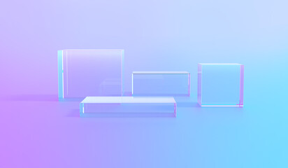 Glass podium mockup, product stage on 3D render platform background. Crystal cubes display or glass pedestal with studio light, 3D blue glass stand for product presentation