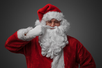 Portrait of christmas santa claus with glasses stroking his moustache looking at camera.
