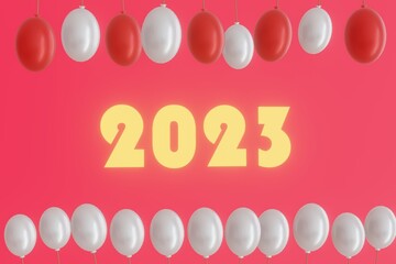 3D numbers 2023 on festive red background with white and red balloons. for sale or web illustration or other special offer banners or posters. For congratulating the new year, Christmas.