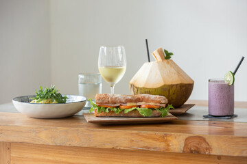 fresh lunch, coconut juice, sandwich

