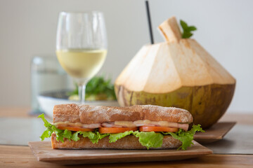fresh lunch, coconut juice, sandwich
