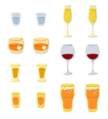 Vodka champagne whiskey red wine tequila rum beer glass on white background. Cartoon sketch graphic design. Flat style. Colored hand drawn image. Party drink concept for restaurant, cafe, party.