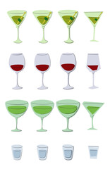 Martini red wine vermouth vodka shot glass on white background. Cartoon sketch graphic design. Doodle style. Colored hand drawn image. Party drink concept for restaurant, cafe, party. Freehand drawing