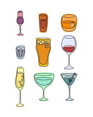 One line drawing liquor rum whiskey vodka beer red wine champagne vermouth martini glass in set. Cartoon graphic sketch. Continuous line way. Hand drawn party drinks concept. Freehand drawing