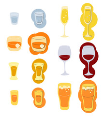 Vodka champagne whiskey red wine tequila rum beer glass on white background. Cartoon sketch graphic design. Flat style. Conditional colored hand drawn image. Party drink concept for restaurant, cafe.