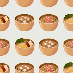 Seamless pattern with japanese soups - miso soup, ramen, tom yum. Japanese food. Flat style 