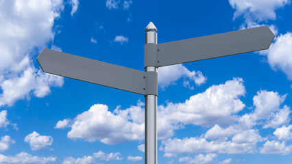 Street sign for intersection. Sign with arrows in different directions under sky. Direction pointer on metal pole. Empty road sign. Place for text. Copy space for street toponyms. 3d rendering.