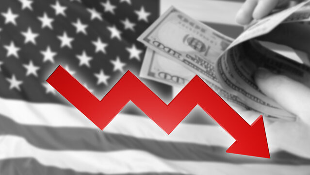 Falling graph near USA flag. Hands with dollar bills. Concept falling sales in USA. Decrease in income of American citizens. Falling demand for products in America. Down arrow symbolizes US inflation