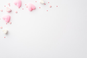 Valentine's Day concept. Top view photo of heart shaped marshmallow pink candles and sprinkles on isolated white background with blank space