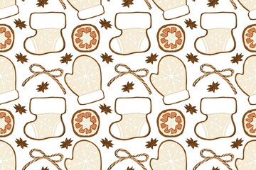 Seamless Christmas pattern. Design with Christmas elements on white background.