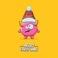 Vector cartoon funky pink monster with Santa Claus red hat isolated on orange background with snowflakes. Childrens Merry Christmas greeting card with funny monster minion elf Santa Claus.