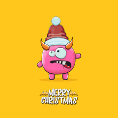 Vector cartoon funky pink monster with Santa Claus red hat isolated on orange background with snowflakes. Childrens Merry Christmas greeting card with funny monster minion elf Santa Claus.