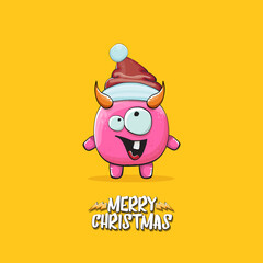 Vector cartoon funky pink monster with Santa Claus red hat isolated on orange background with snowflakes. Childrens Merry Christmas greeting card with funny monster minion elf Santa Claus.