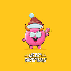 Vector cartoon funky pink monster with Santa Claus red hat isolated on orange background with snowflakes. Childrens Merry Christmas greeting card with funny monster minion elf Santa Claus.
