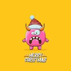 Vector cartoon funky pink monster with Santa Claus red hat isolated on orange background with snowflakes. Childrens Merry Christmas greeting card with funny monster minion elf Santa Claus.