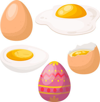 egg food chicken set cartoon. organic breakfast, protein farm product, yellow yolk, broken egg food chicken vector illustration