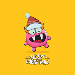 Vector cartoon funky pink monster with Santa Claus red hat isolated on orange background with snowflakes. Childrens Merry Christmas greeting card with funny monster minion elf Santa Claus.