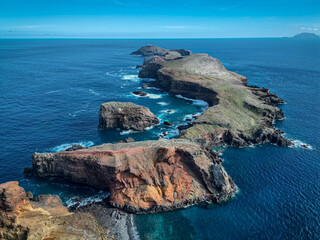 Madeira, Ponta de S&atilde;o Louren&ccedil;o drone aerial view on rocky cliffs coastline