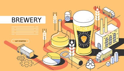 Beer factory Isometric Concept. Use for web page, banner, infographics. Flat illustration editable line. Brewery