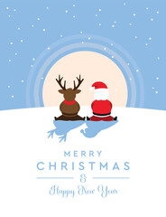 christmas greeting card with cute deer and santa on winter landscape