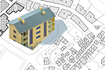 Imaginary cadastral map of territory with buildings, roads and l