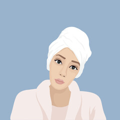 Woman wearing bathrobe and hair turban vector illustration