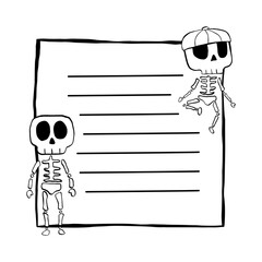 Notepaper black line and Skeleton Skull on square frame. Vector illustration about Halloween for decorate, greeting cards, stationery and any design.