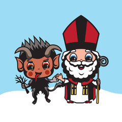 Cute vector illustration of Saint Nicholas and Krampus