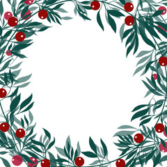 Green branches with red berries. Round floral frame. Floral design.