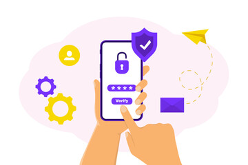 Mobile OTP secure verification method. Mobile phone in hand. One-time password for secure transaction. Security one time password verification for mobile app on smartphone screen. 2-Step verification - obrazy, fototapety, plakaty