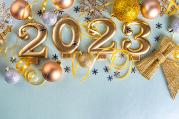 New year 2023 celebration greeting card background Gold numbers 2023 with golden party decoration,...