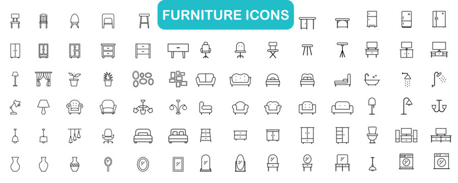 Furniture flat line icons set. Kitchen, bedroom, sofa table, bookcase closet, chair, mattress, lamps, ladder vector illustrations. Outline signs of house interior, Line with editable stroke