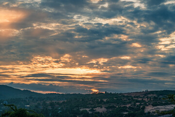 Atmosphere panorama Dramatic Sky Sunset Sunrise Dark orange rosy yellow blue pink cloud background