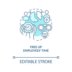 Free up employees time turquoise concept icon. Outsourcing service benefit abstract idea thin line illustration. Workload. Isolated outline drawing. Editable stroke. Arial, Myriad Pro-Bold fonts used