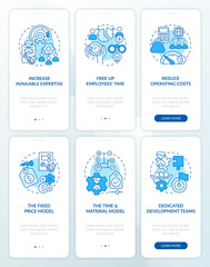 Fototapeta premium Outsourcing employees blue onboarding mobile app screen set. Walkthrough 3 steps editable graphic instructions with linear concepts. UI, UX, GUI template. Myriad Pro-Bold, Regular fonts used
