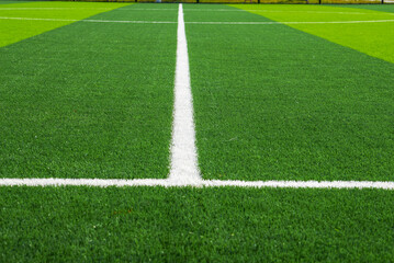Obraz premium Close-up of the goal and touchline of a brand new football stadium