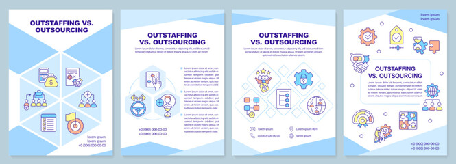 Fototapeta na wymiar Outstaffing vs outsourcing blue brochure template. Recruitment. Leaflet design with linear icons. Editable 4 vector layouts for presentation, annual reports. Arial-Black, Myriad Pro-Regular fonts used