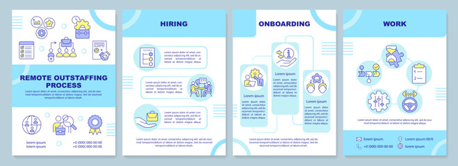 Remote outstaffing process blue brochure template. Onboarding. Leaflet design with linear icons. Editable 4 vector layouts for presentation, annual reports. Arial-Black, Myriad Pro-Regular fonts used
