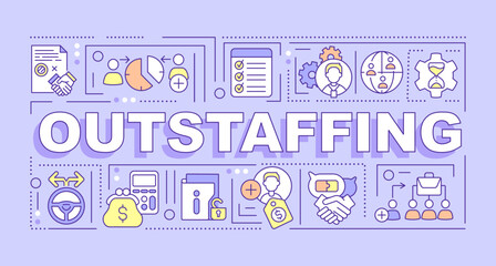 Outstaffing word concepts purple banner. Remote employees recruiting. Infographics with editable icons on color background. Isolated typography. Vector illustration with text. Arial-Black font used