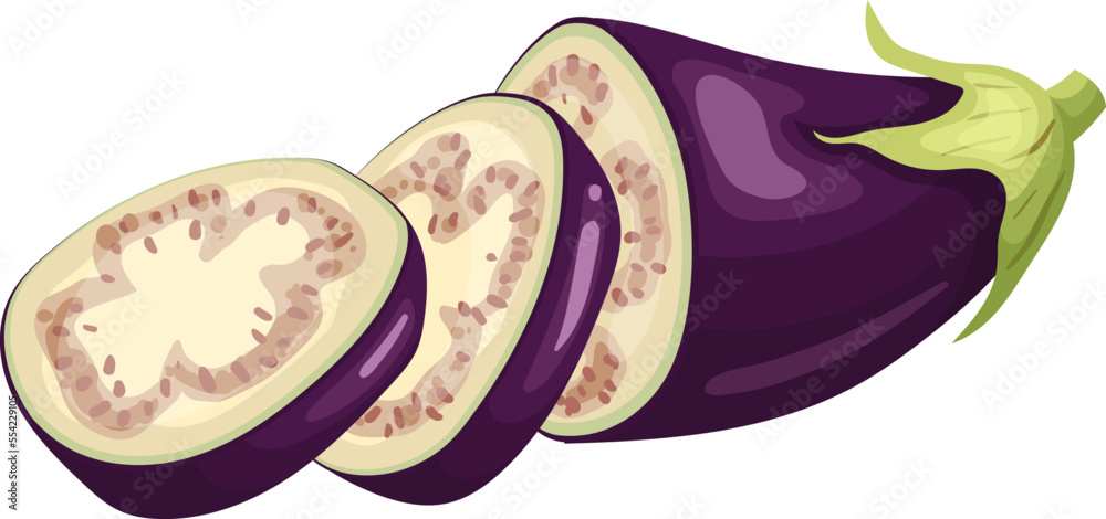 Wall mural eggplant slice cartoon. purple fresh, plant food, organic healthy, agriculture fruit, brinjal garden, raw viole eggplant slice vector illustration