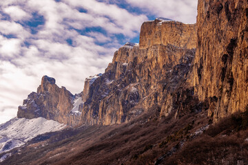 Beautiful  Mountain Landscape. Panoramic view of the snow-covered winter mountains of the Greater North Caucasus. Elbrus, Upper Balkaria, Kabardino-Balkaria, Russia.