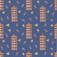 Architecture Amsterdam cozy and cute seamless pattern on a blue background.