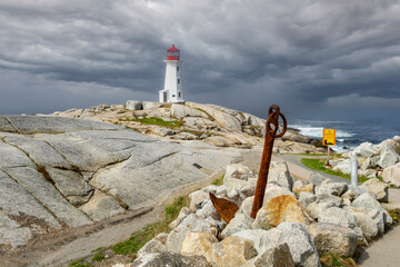 Peggy's Cove Lighthouse along the rocky shores in Nova Scotia, Canada.