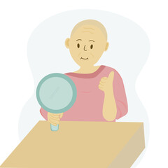 cancer patients no hair on head looking in the mirror
