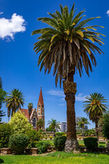 Fototapeta na wymiar Windhoek, NamiWindhoek, Namibia. Christus Kirche, or Christ Church and Parliament Gardens in Windhoek, Namibia. Africa. bia