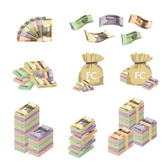 Congolese Franc Vector Illustration. Huge packs of Congo money set bundle banknotes. Bundle with cash bills. Deposit, wealth, accumulation and inheritance. Falling money  1000, 5000, 10000, 20000 CDF