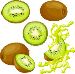 kiwi fruit green set cartoon. slice cut, fresh food, half juicy, sweet organic, piece healthy, kiwifruit diet, seed ripe brown, exotic kiwi fruit green vector illustration