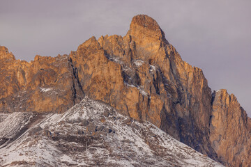 Beautiful  Mountain Landscape. Panoramic view of the snow-covered winter mountains of the Greater North Caucasus. Elbrus, Upper Balkaria, Kabardino-Balkaria, Russia.