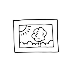 Frame with a picture. Children's drawing in a photo frame. Home decor. Photo of nature. Doodle. Hand drawn. Vector illustration. Outline.
