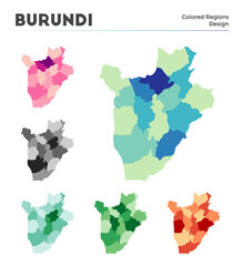 Burundi map collection. Borders of Burundi for your infographic. Colored country regions. Vector illustration.